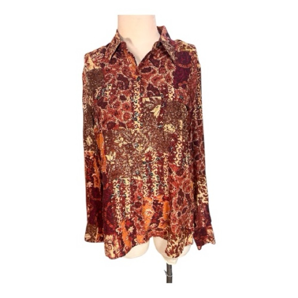Lucky Brand boho 100% silk button down Size Large